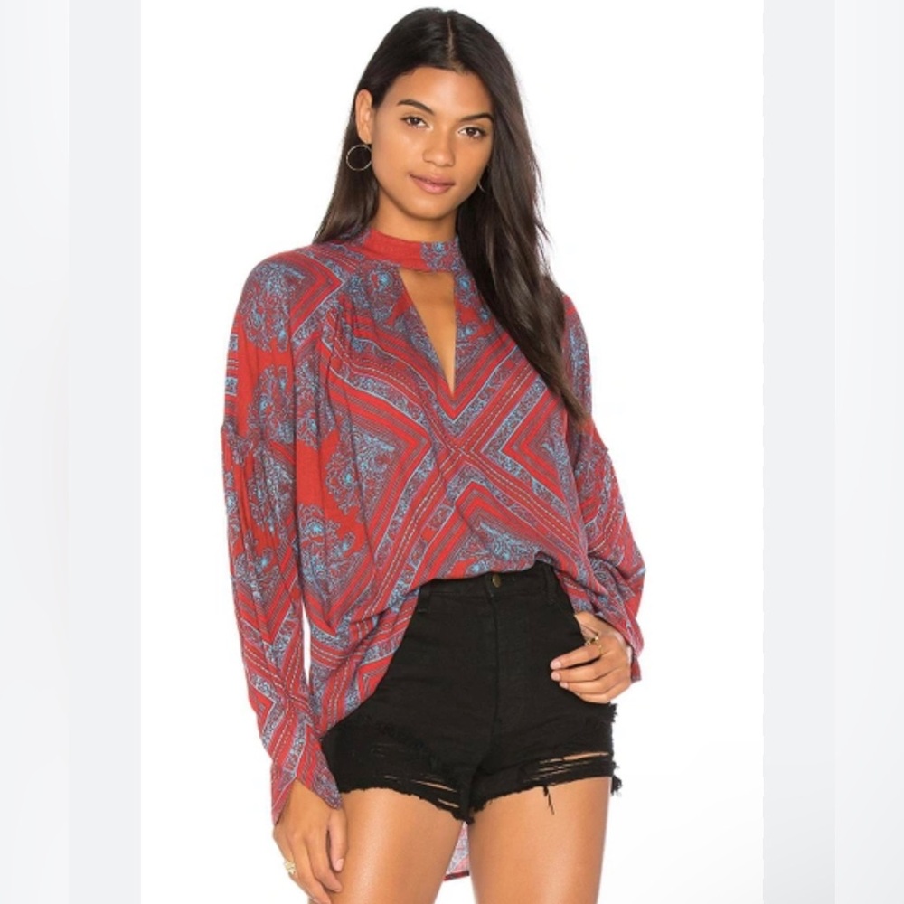 Free People Walking On A Dream Tunic Long Sleeve Shirt Red Blue Size XS